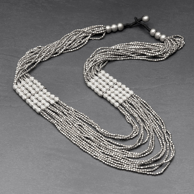 Silver Beaded Layered Multi Strand Necklace