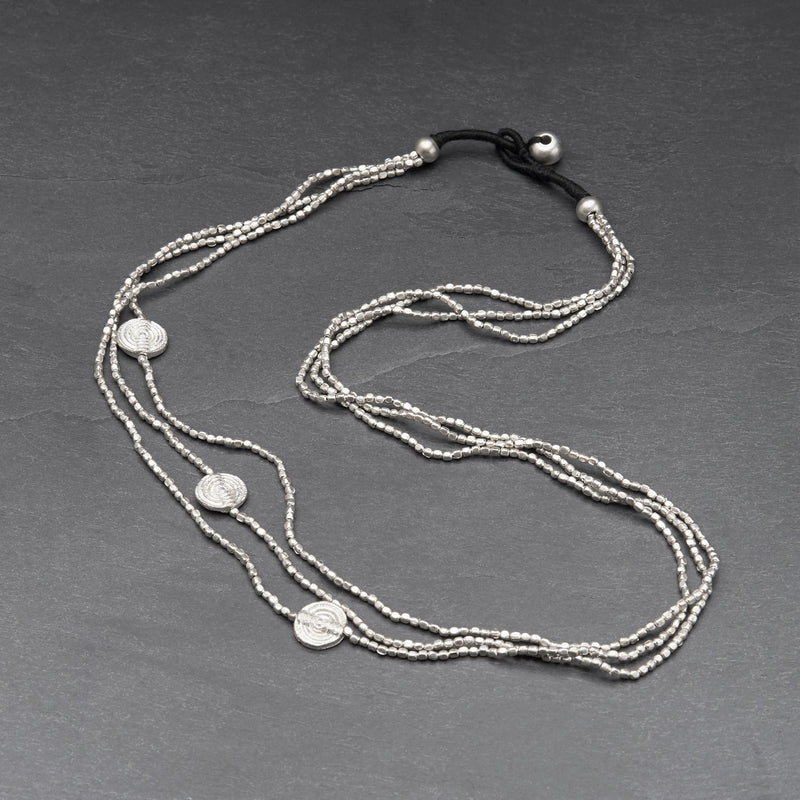 Handmade nickel free silver, tiny cube beaded and mini disc charm, three strand necklace designed by OMishka.