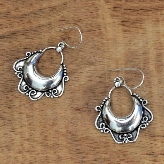 Handmade nickel free solid silver, crescent shaped open hoop, drop earrings designed by OMishka.