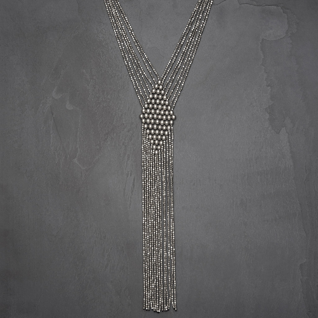 Handmade nickel free silver toned brass, beaded diamond shaped, long drop multi strand necklace designed by OMishka.