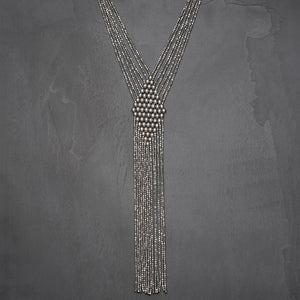 Handmade nickel free silver toned brass, beaded diamond shaped, long drop multi strand necklace designed by OMishka.