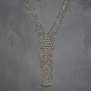 Handmade, nickel free silver toned brass, beaded diamond shaped, long multi strand necklace designed by OMishka.