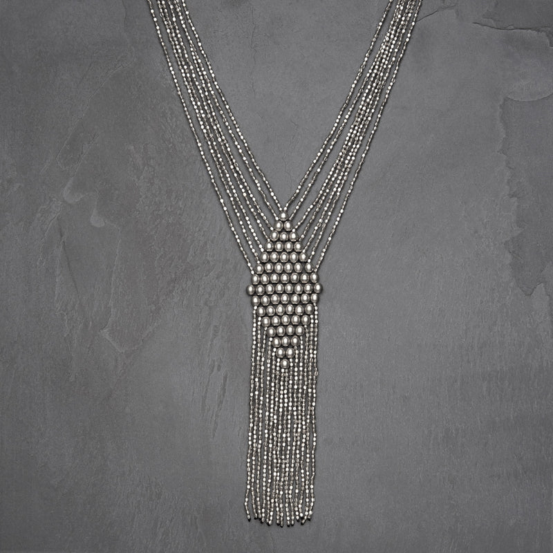 Handmade, nickel free silver toned brass, beaded diamond shaped, long multi strand necklace designed by OMishka.