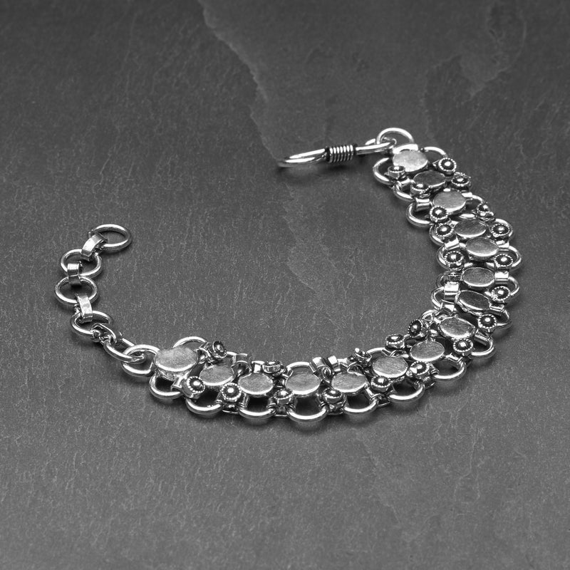 Handmade, oxidised nickel free silver, decorative disc, adjustable circle chainmail designed by OMishka.