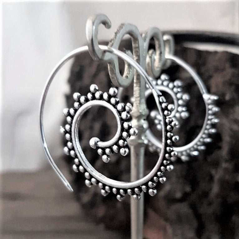 Handmade nickel free solid silver, dot beaded, large spiral hoop earrings designed by OMishka.