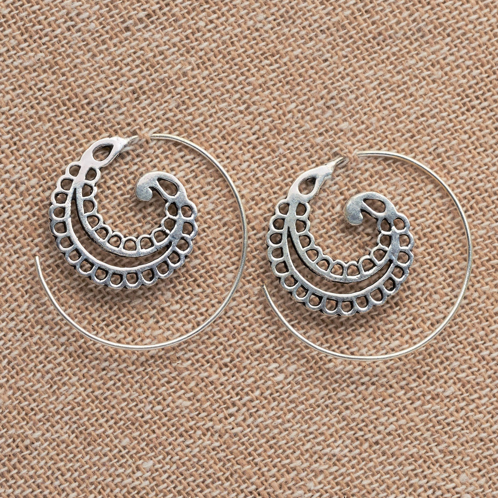Handmade nickel free solid silver, dainty fern leaf, ear hugging spiral hoop earrings designed by OMishka.