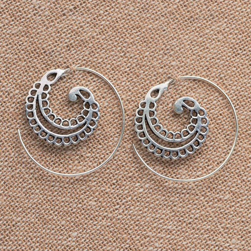 Handmade nickel free solid silver, dainty fern leaf, ear hugging spiral hoop earrings designed by OMishka.