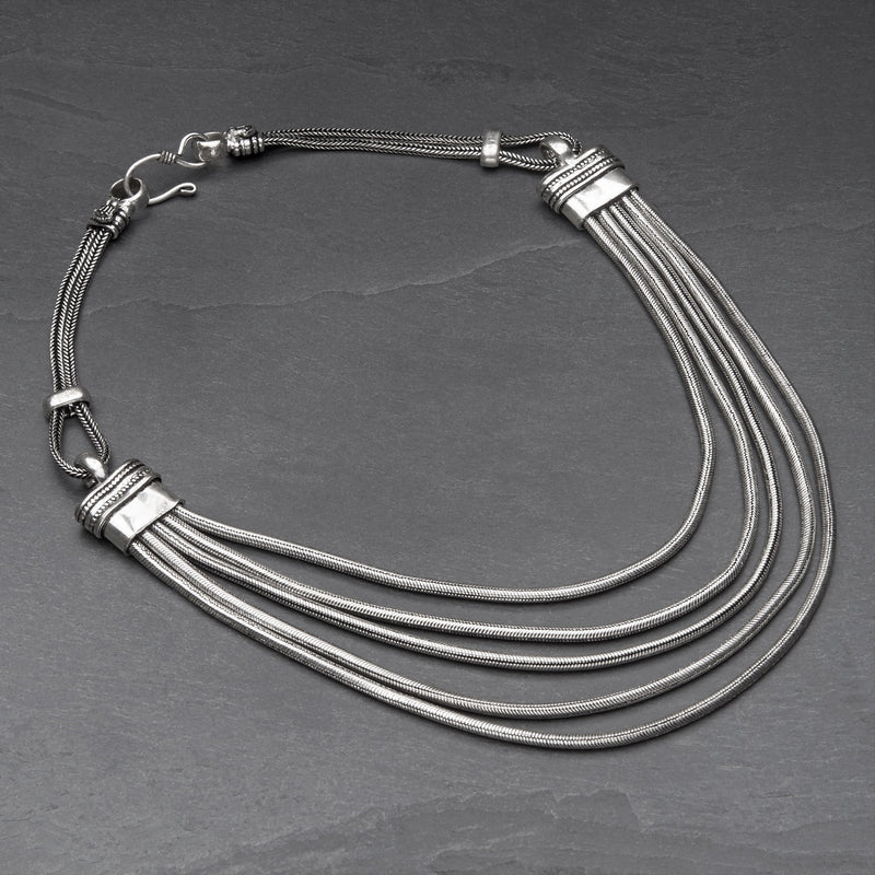 Handmade and nickel free, silver toned white metal, layered 5 strand snake chain, subtle decorative link, collar necklace designed by OMishka.