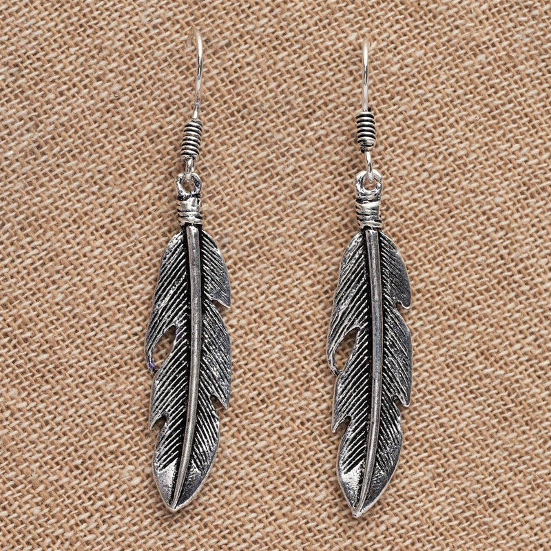 Handmade nickel free solid silver, long feather detailed, drop hook earrings designed by OMishka.