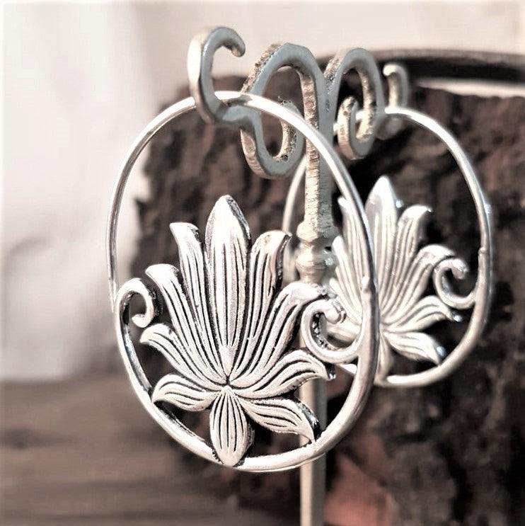 Handmade nickel free solid silver, lotus flower detailed, large half hoop earrings designed by OMishka.