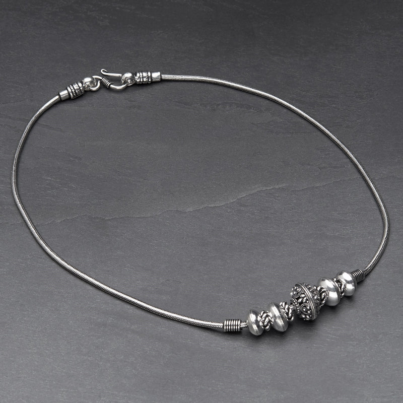Handmade and nickel free, silver toned plated white metal, patterned beaded, snake chain necklace designed by OMishka.
