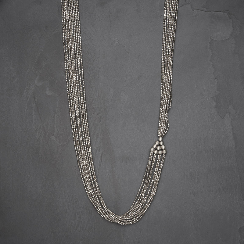 Artisan handmade nickel free silver, pyramid beaded, long multi strand necklace designed by OMishka.