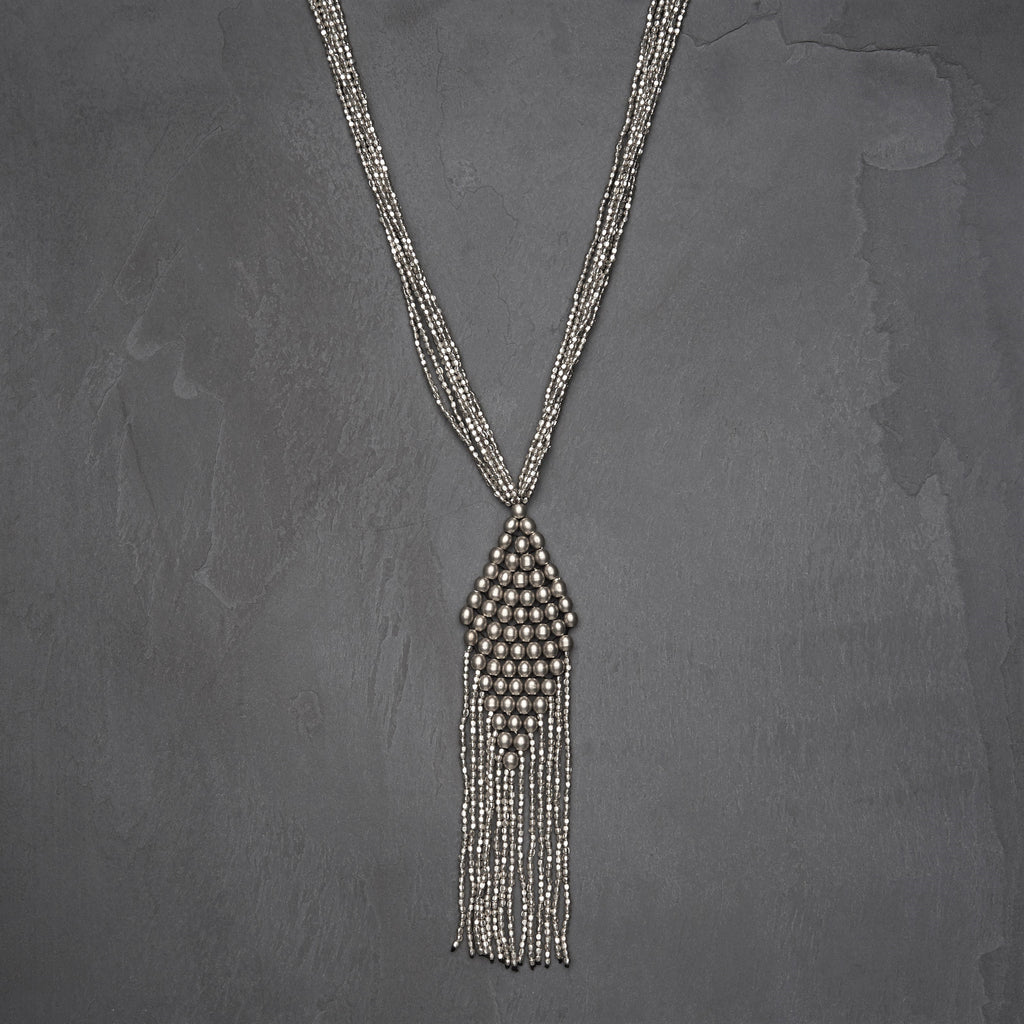 Handmade and nickel free, silver toned brass, beaded rhombus, multi strand tassel necklace designed by OMishka.