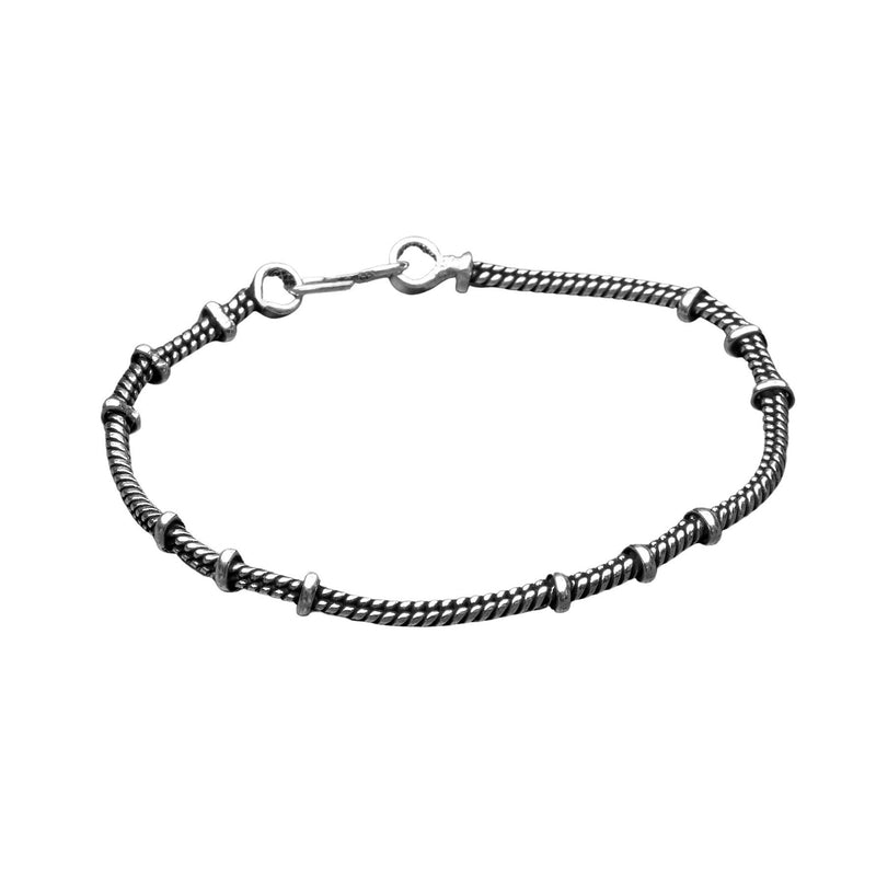 Handmade nickel free silver toned plated brass, subtle beaded thin snake chain bracelet designed by OMishka.