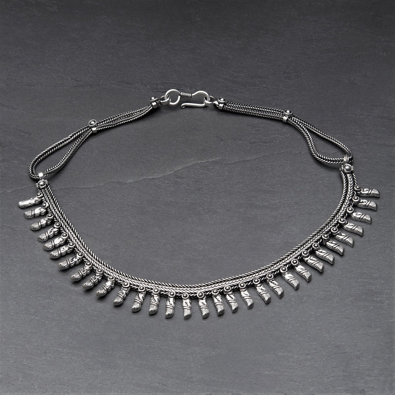 Handmade and nickel free, silver toned white metal, spiked snake chain, collar necklace designed by OMishka.