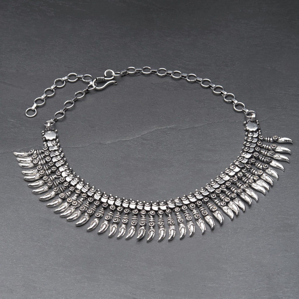 Handmade, nickel free silver toned white metal, Banjara Tribe, decorative long spiked, adjustable choker necklace designed by OMishka.
