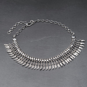 Handmade, nickel free silver toned white metal, Banjara Tribe, decorative long spiked, adjustable choker necklace designed by OMishka.