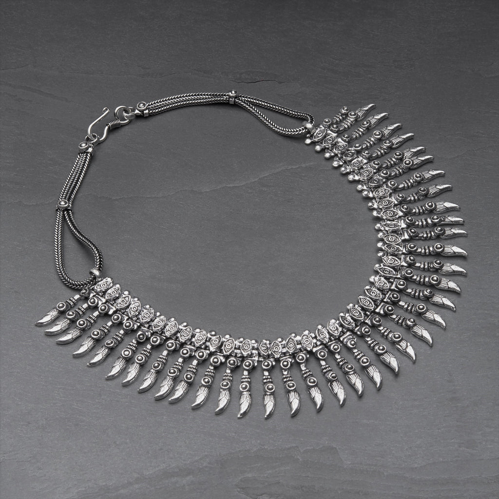 Handmade nickel free, silver toned white metal, Banjara Tribe, decorative long spiked, collar necklace designed by OMishka.