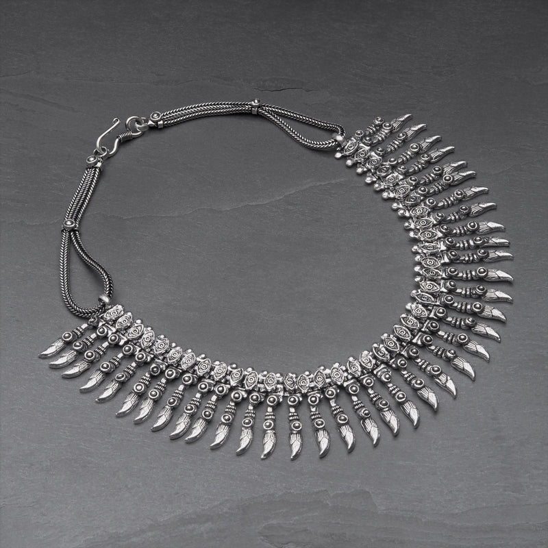 Handmade nickel free, silver toned white metal, Banjara Tribe, decorative long spiked, collar necklace designed by OMishka.