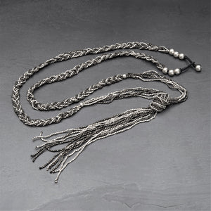 Handmade and nickel free, two tone tiny cube beaded, double braided multi strand necklace designed by OMishka.