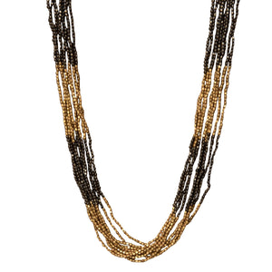 Pure golden and oxidised black brass, beaded striped multi strand necklace designed by OMishka.
