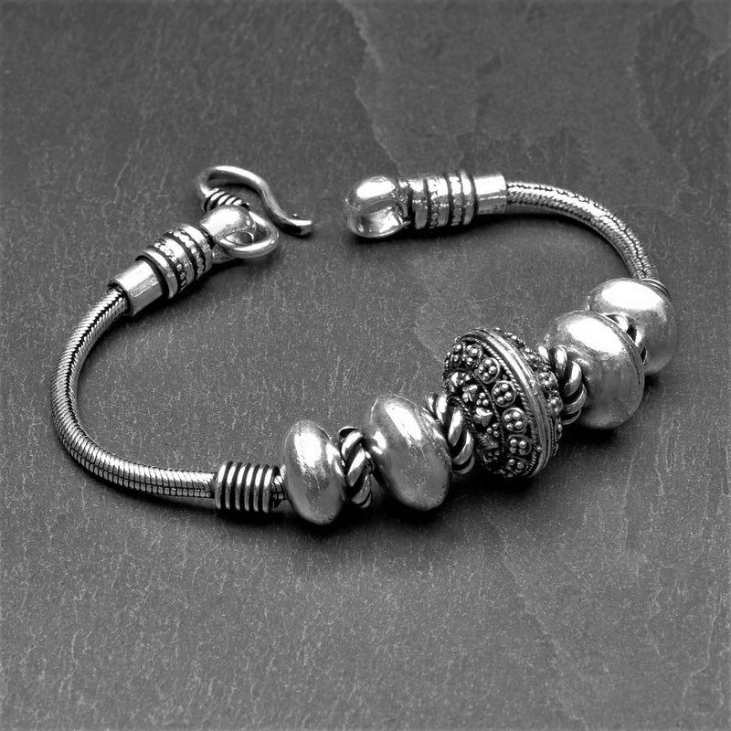 Handmade silver toned plated brass, decorative dotted bead, hook closure, snake chain bracelet designed by OMishka.