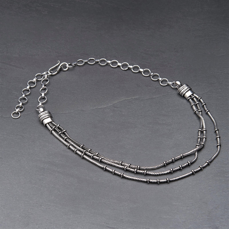 Silver toned white metal, layered three strand, subtle beaded, adjustable snake chain choker necklace designed by OMishka.