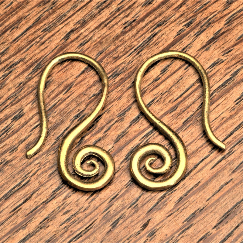 Simple, dainty, handmade pure brass, spiral hook earrings designed by OMishka.