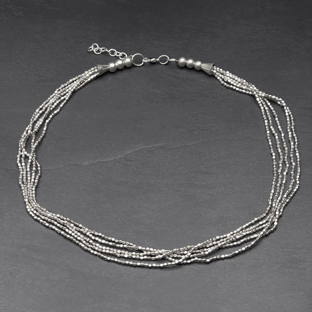Simple, nickel free silver, beaded multi strand, adjustable necklace designed by OMishka.