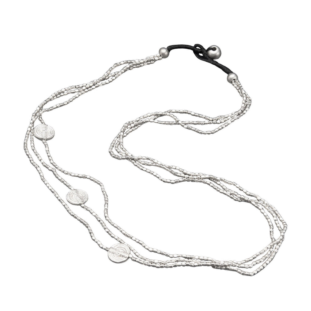 Simple, handmade silver, tiny cube beaded and mini disc charm, three strand necklace designed by OMishka.