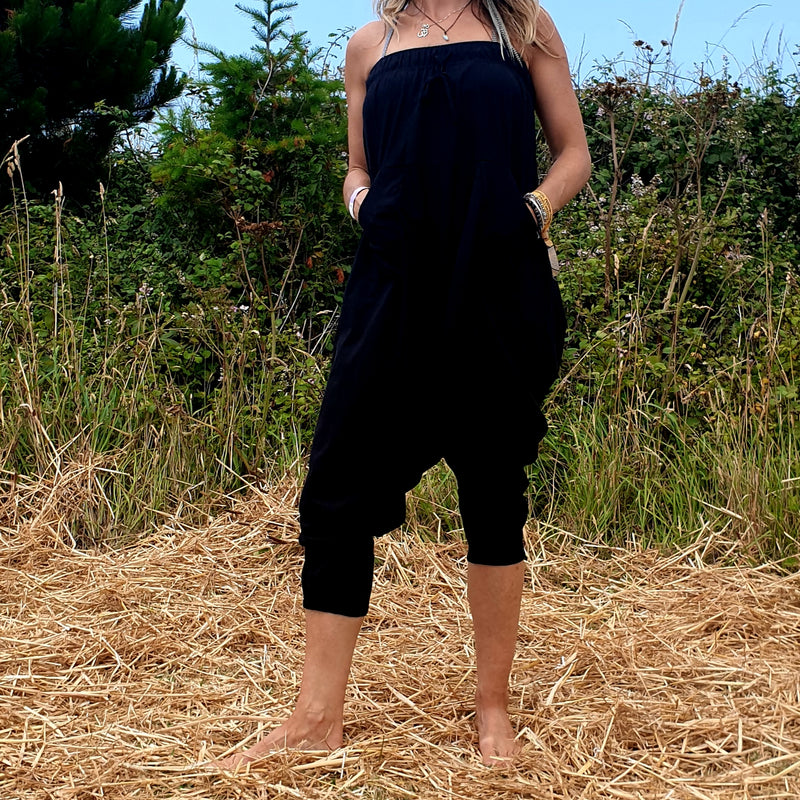 OMishka eco-friendly organic bamboo solid black yoga trousers adjustable jumpsuit