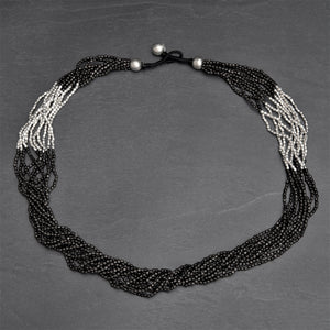 Handmade, striped silver toned and black brass, beaded multi strand necklace designed by OMishka.