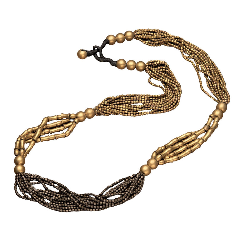 Striped pure and oxidised black brass, tiny cube and bone beaded multi strand necklace designed by OMishka.