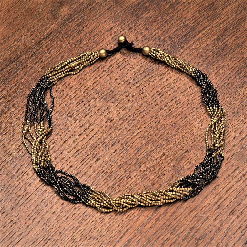 Handmade and nickel free, pure golden and black brass, beaded striped multi strand necklace designed by OMishka.