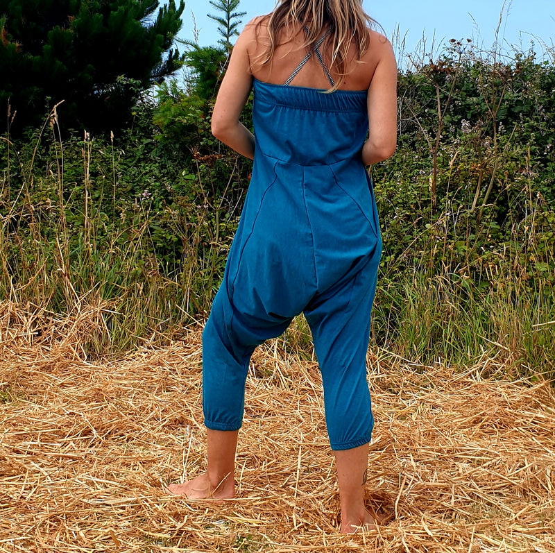 OMishka eco-friendly organic bamboo teal blue harem trousers adjustable jumpsuit