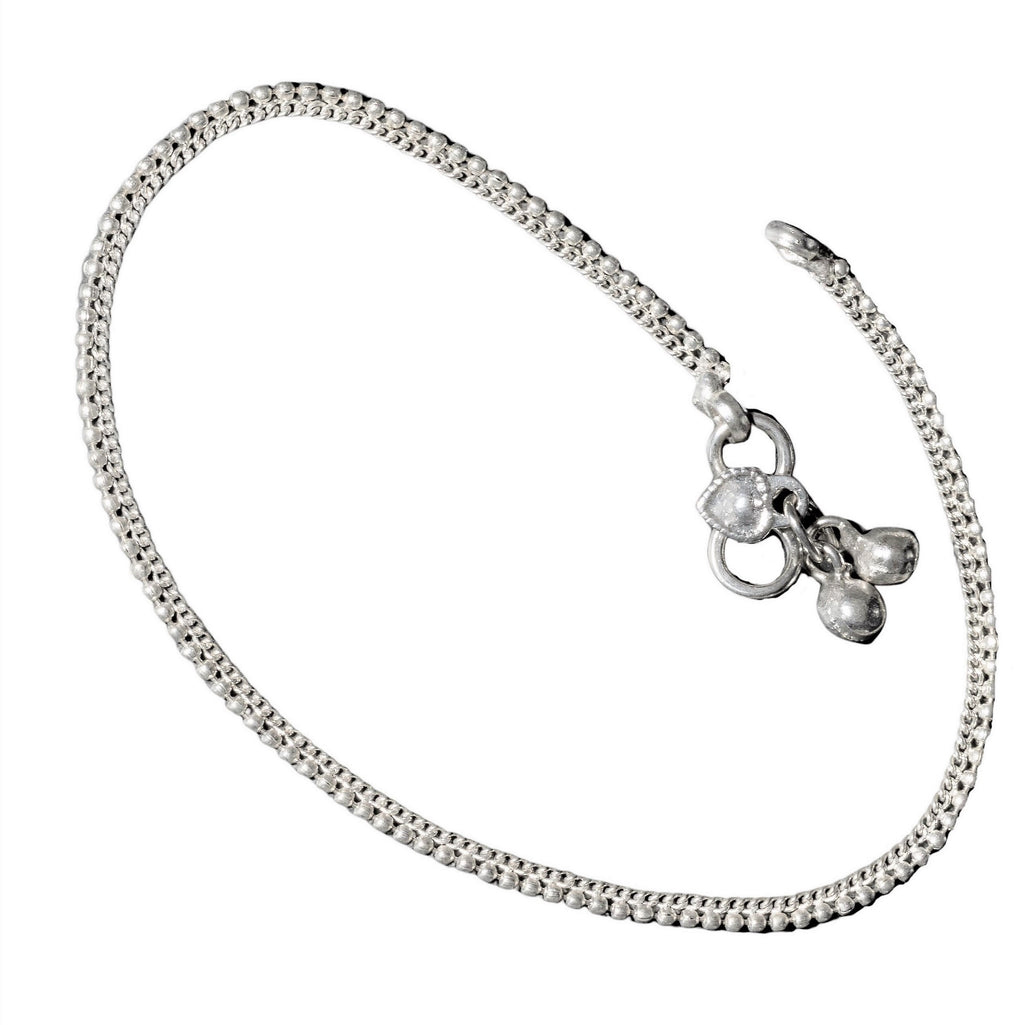 A charming, thin, nickel free solid silver beaded ankle chain designed by OMishka.