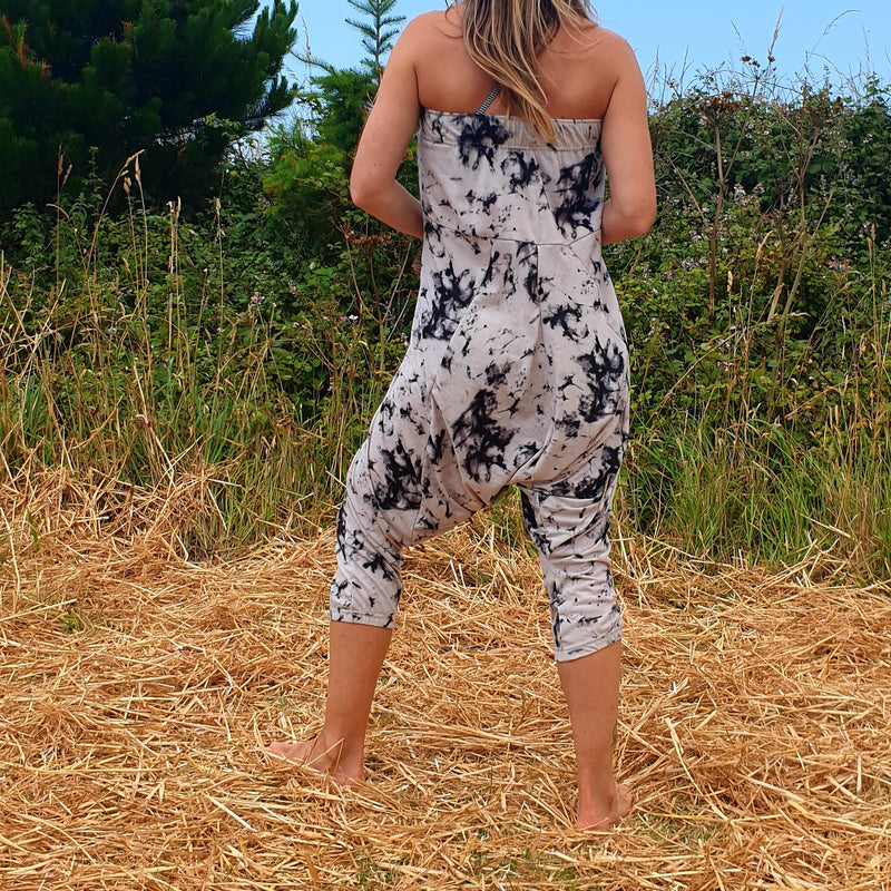 OMishka eco-friendly organic bamboo black and white tie dye harem trousers adjustable jumpsuit