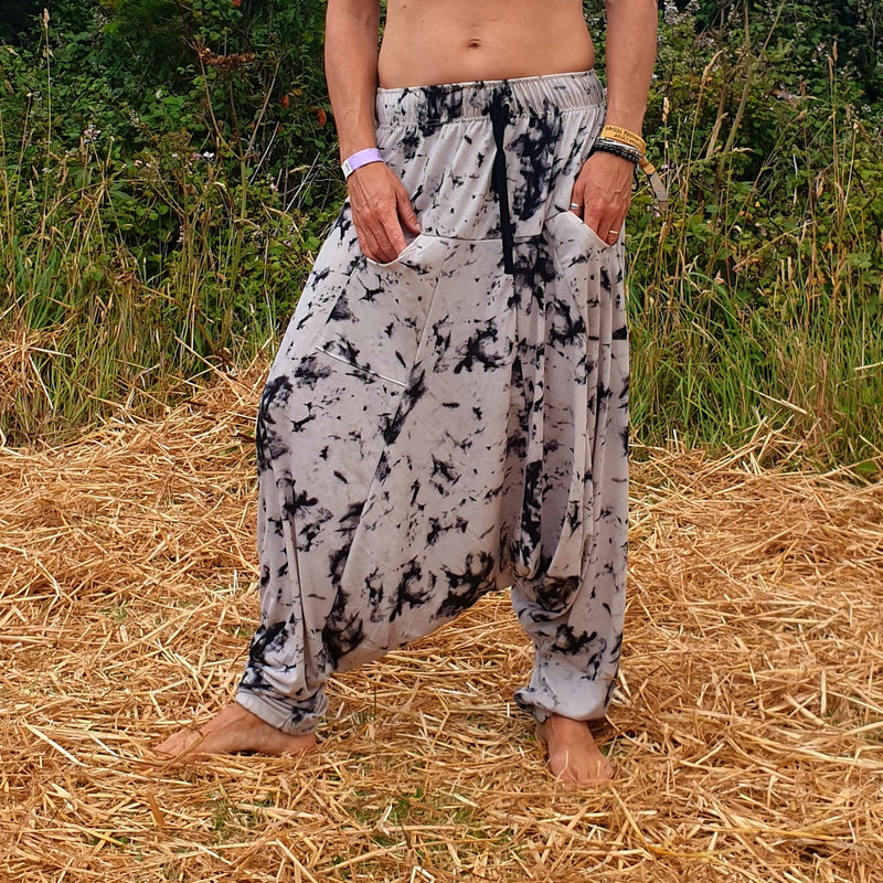 OMishka eco-friendly organic bamboo black and white tie dye yoga pants adjustable jumpsuit