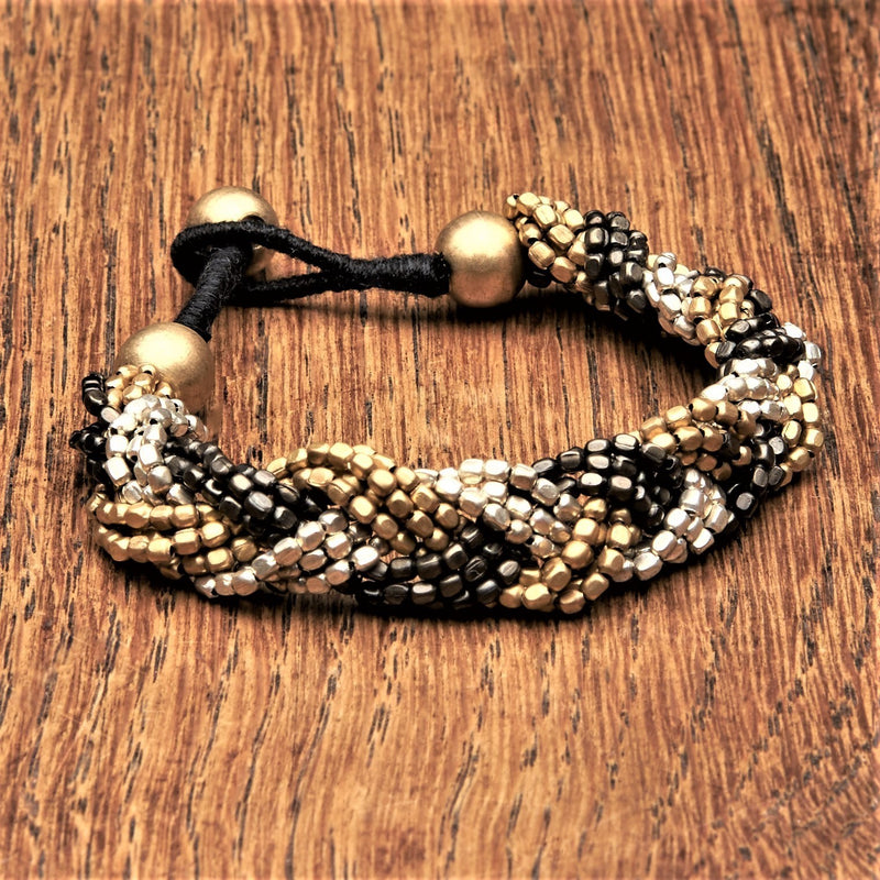 Tri colour, silver, golden and oxidised black brass beaded, weave multi strand bracelet designed by OMishka.