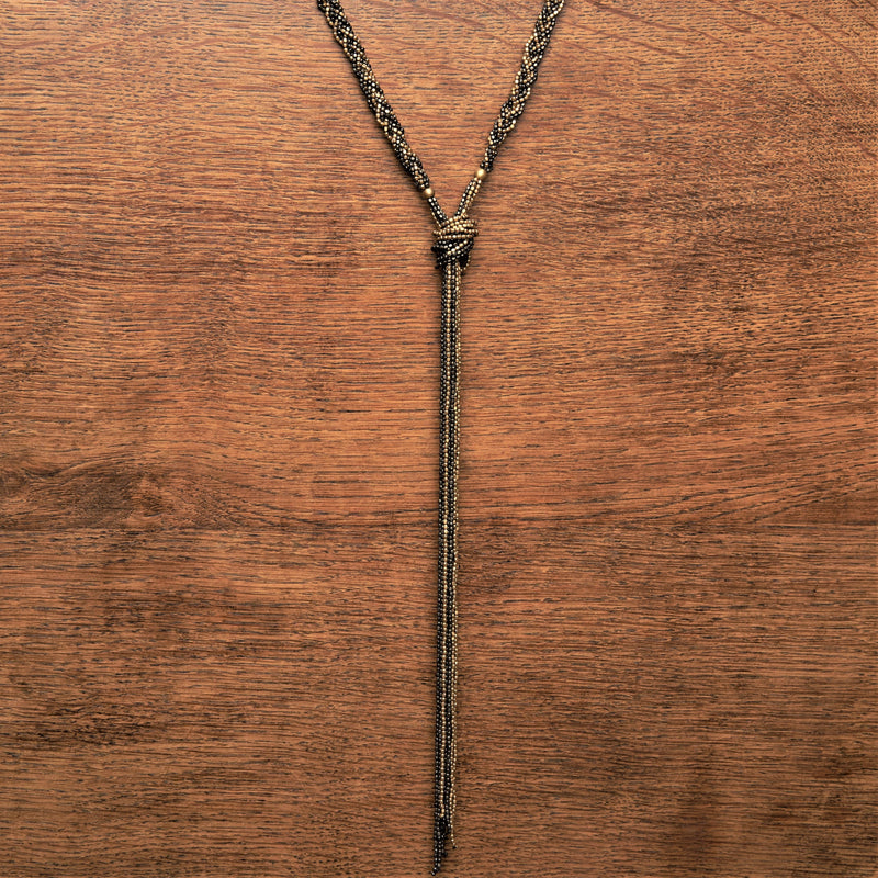 Handmade, long, two tone tiny cube beaded, braided multi strand necklace designed by OMishka.