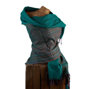 Soft Woven Bamboo Kantha Stitched Large Teal Shawl - 24