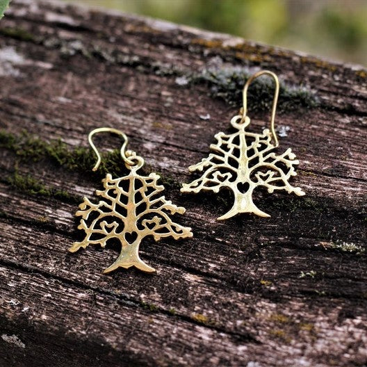 Dainty pure brass, tree of life drop hook earrings designed by OMishka.