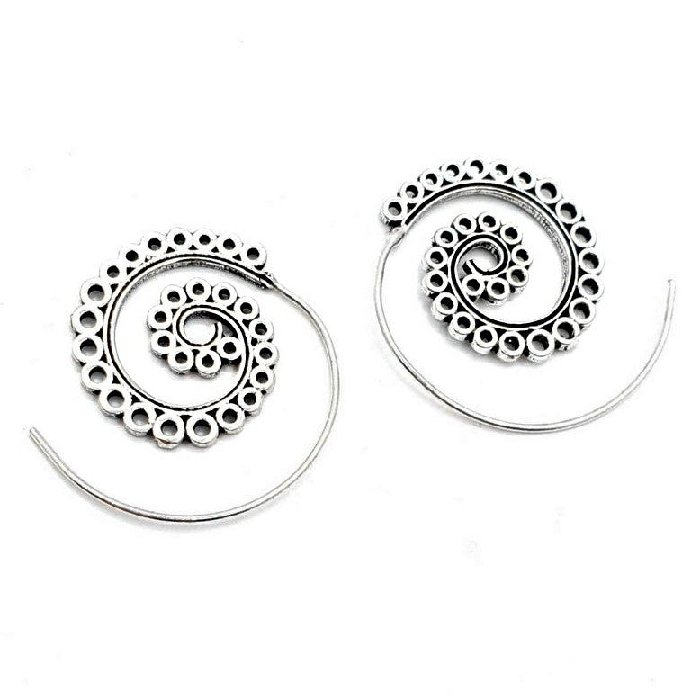 Dainty solid silver, tiny dotted circle patterned, spiral hoop earrings designed by OMishka.