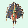 Handmade, colourful large fanned peacock, recycled sari fabric and beaded sequins tota decoration.