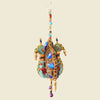 Handmade, colourful hanging mini fanned peacock, recycled sari fabric and beaded sequins tota decoration.