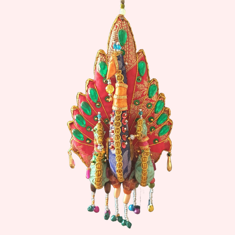 Handmade, colourful large peacock family, recycled sari fabric and beaded sequins tota decoration.