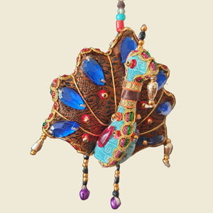 Indian handmade, colourful mini fanned peacock, recycled sari fabric and beaded sequins tota decoration.