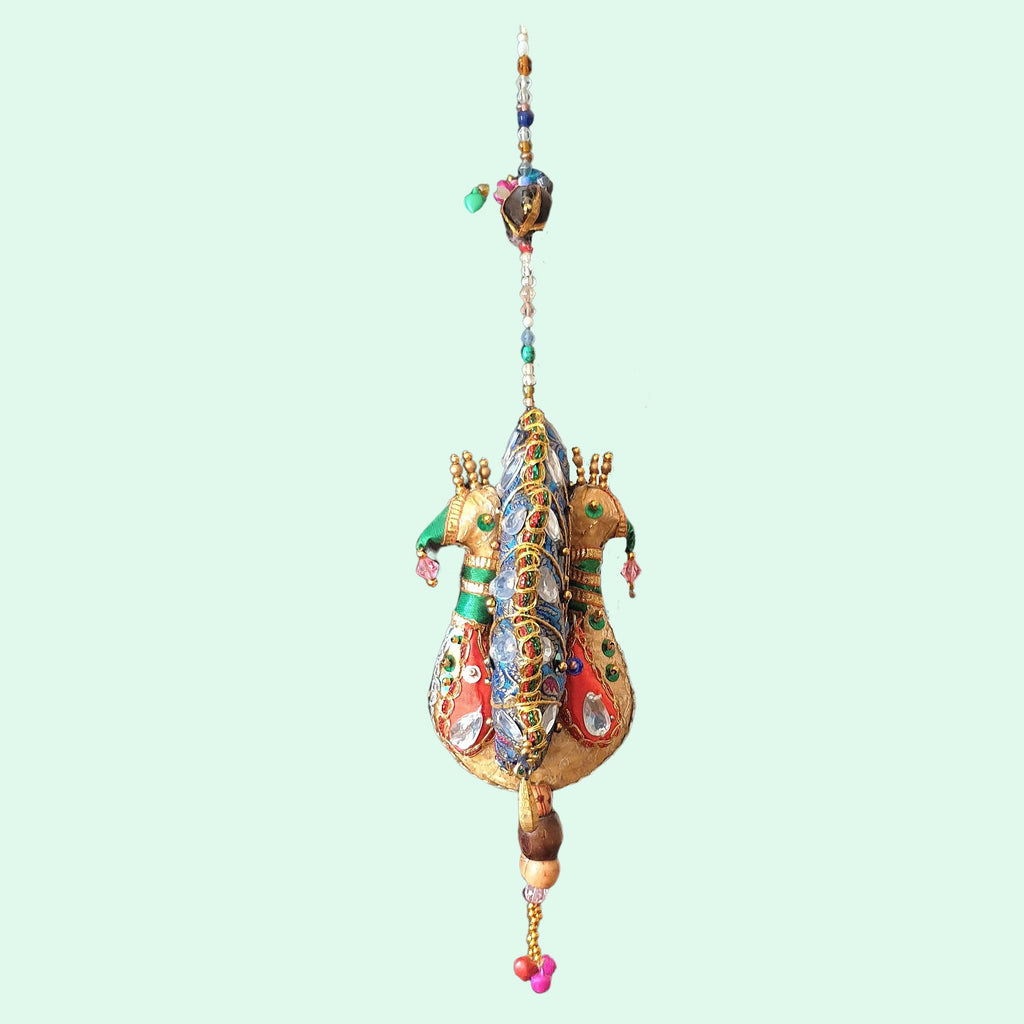 Indian handmade, colourful hanging large fanned peacock, recycled sari fabric and beaded sequins tota decoration.